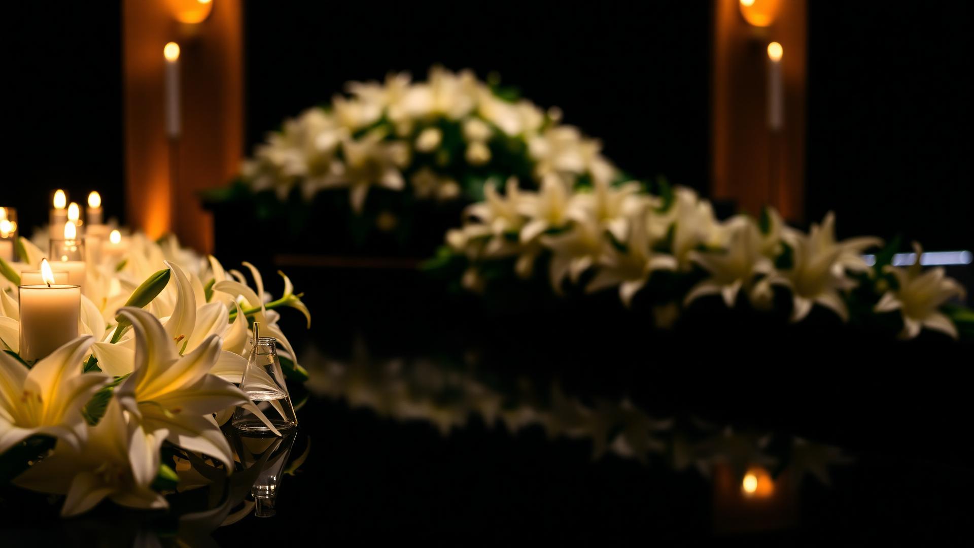 Lilies and candlelight at a memorial chapel